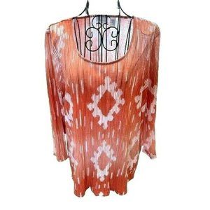 CHICO'S Crinkle Knit 3/4 Sleeve Pullover in Coral and White Size L(12)